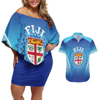 Custom Fiji Football Couples Matching Off Shoulder Short Dress and Hawaiian Shirt Fijian Tapa Pattern LT05 Blue - Polynesian Pride