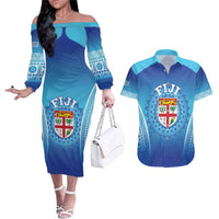 Custom Fiji Football Couples Matching Off The Shoulder Long Sleeve Dress and Hawaiian Shirt Fijian Tapa Pattern LT05 Blue - Polynesian Pride