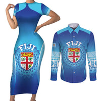 Custom Fiji Football Couples Matching Short Sleeve Bodycon Dress and Long Sleeve Button Shirt Fijian Tapa Pattern LT05 Blue - Polynesian Pride