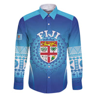 Custom Fiji Football Family Matching Off The Shoulder Long Sleeve Dress and Hawaiian Shirt Fijian Tapa Pattern LT05 Dad's Shirt - Long Sleeve Blue - Polynesian Pride