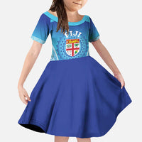 Custom Fiji Football Family Matching Off Shoulder Maxi Dress and Hawaiian Shirt Fijian Tapa Pattern LT05 Daughter's Dress Blue - Polynesian Pride