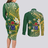 Cook Islands 15 Finest Couples Matching Long Sleeve Bodycon Dress and Long Sleeve Button Shirt Plumeria Polynesian Turtle LT05 - Polynesian Pride