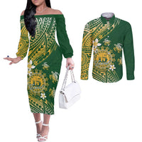 Cook Islands 15 Finest Couples Matching Off The Shoulder Long Sleeve Dress and Long Sleeve Button Shirt Plumeria Polynesian Turtle LT05 Green - Polynesian Pride
