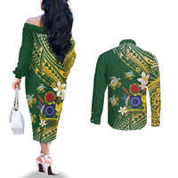 Cook Islands 15 Finest Couples Matching Off The Shoulder Long Sleeve Dress and Long Sleeve Button Shirt Plumeria Polynesian Turtle LT05 - Polynesian Pride