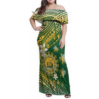 Cook Islands 15 Finest Family Matching Off Shoulder Maxi Dress and Hawaiian Shirt Plumeria Polynesian Turtle LT05 Mom's Dress Green - Polynesian Pride