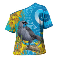 New Zealand Kokako Bird Cross Shoulder Shirt Maori Koru With Kowhai Flowers LT05 - Polynesian Pride