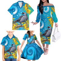 New Zealand Kokako Bird Family Matching Off The Shoulder Long Sleeve Dress and Hawaiian Shirt Maori Koru With Kowhai Flowers LT05 - Polynesian Pride