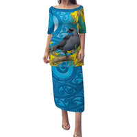 New Zealand Kokako Bird Family Matching Puletasi and Hawaiian Shirt Maori Koru With Kowhai Flowers LT05 Mom's Dress Aqua - Polynesian Pride