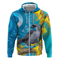 New Zealand Kokako Bird Hoodie Maori Koru With Kowhai Flowers LT05 Zip Hoodie Aqua - Polynesian Pride