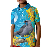 New Zealand Kokako Bird Kid Polo Shirt Maori Koru With Kowhai Flowers LT05 Kid Aqua - Polynesian Pride