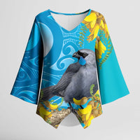 New Zealand Kokako Bird Kimono Sleeve Blouse Maori Koru With Kowhai Flowers LT05 Female Aqua - Polynesian Pride