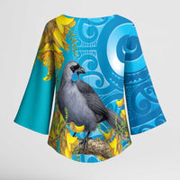 New Zealand Kokako Bird Kimono Sleeve Blouse Maori Koru With Kowhai Flowers LT05 - Polynesian Pride