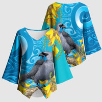 New Zealand Kokako Bird Kimono Sleeve Blouse Maori Koru With Kowhai Flowers LT05 - Polynesian Pride