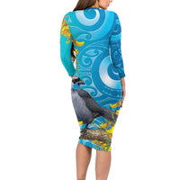 New Zealand Kokako Bird Long Sleeve Bodycon Dress Maori Koru With Kowhai Flowers LT05 - Polynesian Pride