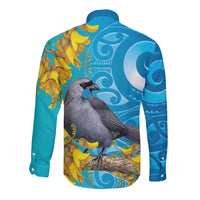 New Zealand Kokako Bird Long Sleeve Button Shirt Maori Koru With Kowhai Flowers LT05 - Polynesian Pride