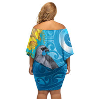 New Zealand Kokako Bird Off Shoulder Short Dress Maori Koru With Kowhai Flowers LT05 - Polynesian Pride