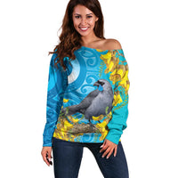 New Zealand Kokako Bird Off Shoulder Sweater Maori Koru With Kowhai Flowers LT05 Women Aqua - Polynesian Pride