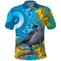 New Zealand Kokako Bird Polo Shirt Maori Koru With Kowhai Flowers LT05 Aqua - Polynesian Pride