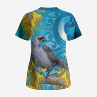 New Zealand Kokako Bird Scrub Top Maori Koru With Kowhai Flowers LT05 - Polynesian Pride
