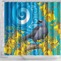 New Zealand Kokako Bird Shower Curtain Maori Koru With Kowhai Flowers LT05 - Polynesian Pride
