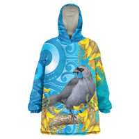 New Zealand Kokako Bird Wearable Blanket Hoodie Maori Koru With Kowhai Flowers LT05 One Size Aqua - Polynesian Pride