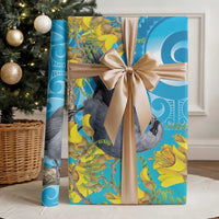New Zealand Kokako Bird Wrapping Paper Maori Koru With Kowhai Flowers LT05 - Polynesian Pride