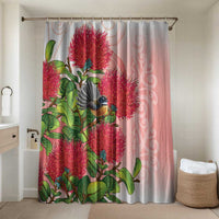 New Zealand Fantail Bathroom Set Maori Koru With Pohutukawa Flowers LT05 Shower Curtain Only Red - Polynesian Pride