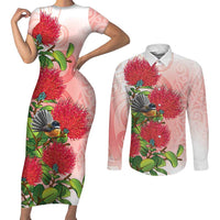 New Zealand Fantail Couples Matching Short Sleeve Bodycon Dress and Long Sleeve Button Shirt Maori Koru With Pohutukawa Flowers LT05 Red - Polynesian Pride
