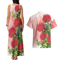 New Zealand Fantail Couples Matching Tank Maxi Dress and Hawaiian Shirt Maori Koru With Pohutukawa Flowers LT05 - Polynesian Pride