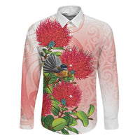 New Zealand Fantail Family Matching Mermaid Dress and Hawaiian Shirt Maori Koru With Pohutukawa Flowers LT05 Dad's Shirt - Long Sleeve Red - Polynesian Pride