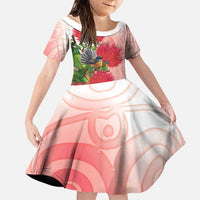 New Zealand Fantail Family Matching Short Sleeve Bodycon Dress and Hawaiian Shirt Maori Koru With Pohutukawa Flowers LT05 Daughter's Dress Red - Polynesian Pride