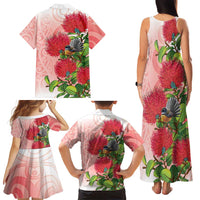 New Zealand Fantail Family Matching Tank Maxi Dress and Hawaiian Shirt Maori Koru With Pohutukawa Flowers LT05 - Polynesian Pride
