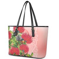 New Zealand Fantail Leather Tote Bag Maori Koru With Pohutukawa Flowers LT05 - Polynesian Pride