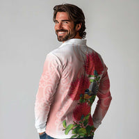 New Zealand Fantail Long Sleeve Polo Shirt Maori Koru With Pohutukawa Flowers LT05 - Polynesian Pride