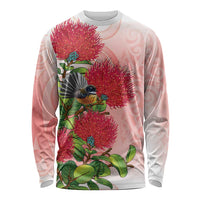New Zealand Fantail Long Sleeve Shirt Maori Koru With Pohutukawa Flowers LT05 Unisex Red - Polynesian Pride