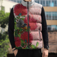 New Zealand Fantail Sleeveless Puffer Jacket Maori Koru With Pohutukawa Flowers LT05 - Polynesian Pride