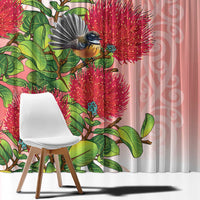 New Zealand Fantail Window Curtain Maori Koru With Pohutukawa Flowers LT05 - Polynesian Pride
