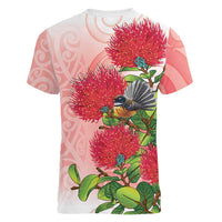 New Zealand Fantail Women V-Neck T-Shirt Maori Koru With Pohutukawa Flowers LT05 - Polynesian Pride