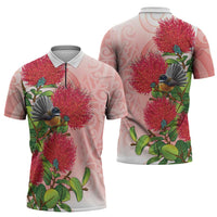 New Zealand Fantail Zipper Polo Shirt Maori Koru With Pohutukawa Flowers LT05 - Polynesian Pride