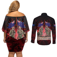 Australia And New Zealand ANZAC Day Couples Matching Off Shoulder Short Dress and Long Sleeve Button Shirt Soldiers Lest We Forget LT05 - Polynesian Pride