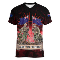 Australia And New Zealand ANZAC Day Women V-Neck T-Shirt Soldiers Lest We Forget LT05 Female Red - Polynesian Pride