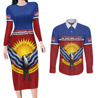 Kiribati 45th Independence Day Couples Matching Long Sleeve Bodycon Dress and Long Sleeve Button Shirt Lesser Frigatebird Tribal Pattern LT05 Red - Polynesian Pride
