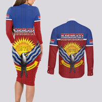 Kiribati 45th Independence Day Couples Matching Long Sleeve Bodycon Dress and Long Sleeve Button Shirt Lesser Frigatebird Tribal Pattern LT05 - Polynesian Pride