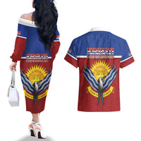 Kiribati 45th Independence Day Couples Matching Off The Shoulder Long Sleeve Dress and Hawaiian Shirt Lesser Frigatebird Tribal Pattern LT05 - Polynesian Pride
