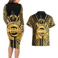 Vanuatu 45th Anniversary Of Independence Couples Matching Long Sleeve Bodycon Dress and Hawaiian Shirt Gold Style LT05 - Polynesian Pride
