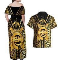 Vanuatu 45th Anniversary Of Independence Couples Matching Off Shoulder Maxi Dress and Hawaiian Shirt Gold Style LT05 - Polynesian Pride