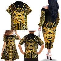 Vanuatu 45th Anniversary Of Independence Family Matching Off The Shoulder Long Sleeve Dress and Hawaiian Shirt Gold Style LT05 - Polynesian Pride