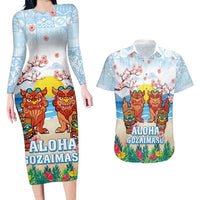 Hawaii And Japan Okinawa Couples Matching Long Sleeve Bodycon Dress and Hawaiian Shirt Aloha Gozaimasu Tiki With Shisa LT05 Blue - Polynesian Pride