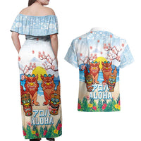 Hawaii And Japan Okinawa Couples Matching Off Shoulder Maxi Dress and Hawaiian Shirt Aloha Gozaimasu Tiki With Shisa LT05 - Polynesian Pride