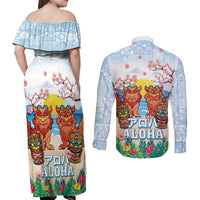 Hawaii And Japan Okinawa Couples Matching Off Shoulder Maxi Dress and Long Sleeve Button Shirt Aloha Gozaimasu Tiki With Shisa